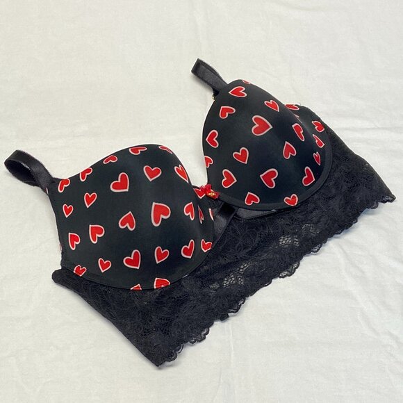 Daisy Fuentes Lace Long Line Hearts on Black Padded Underwire Bra Black Red 38DD - Picture 6 of 13